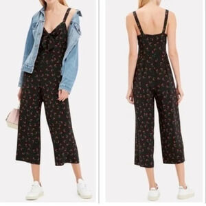 Intermix Tiffany Silk Jumpsuit 2 Cherry Print Wide Leg Cropped Tie Front Hi-Rise